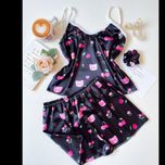 تاپ و شورتک و اسکرانچی ساتن مشکی خرس صورتی فری سایز تا 42