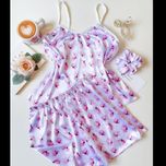 تاپ و شورتک ساتن الیکس طرح گل صورتی درشت فری سایز تا 46