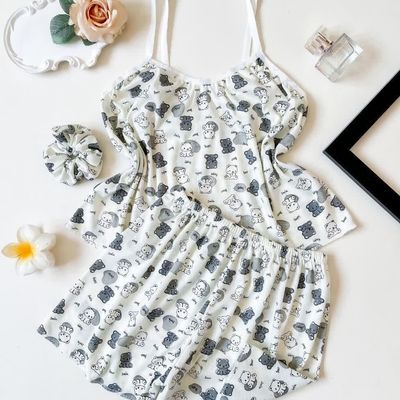 تاپ و شورتک و اسکرانچی مو نخی کبریتی طرح  خرسی سیاه و سفید فری سایز 36تا44