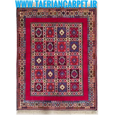 فرش دستباف سایز قالیچه زمینه لاکی خلوت (تمام پشم یلمه نقشه دور خلوت خشتی) کد6279