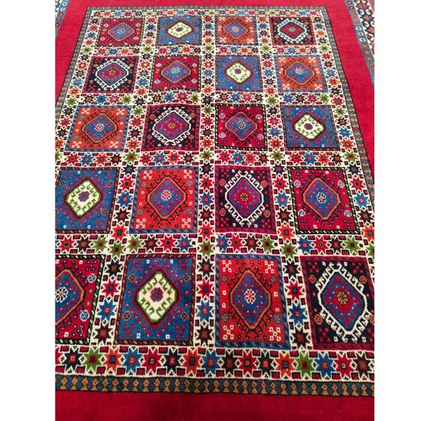 فرش دستباف سایز قالیچه زمینه لاکی خلوت (تمام پشم یلمه نقشه دور خلوت خشتی) کد6279