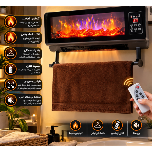🔥🏠 شومینه دیواری مدرن مدل Flame (هم گرمایش، هم دکور، هم خشککن!) ( برقی)