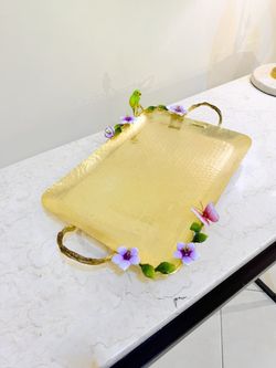 سینی برنجی | مدل مستطیل دسته دار کوچک دکوراتیو کد 4
