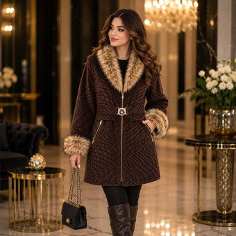 پالتو مخمل، یقه خز دار، آستین خز دار،  رنگ قهوه ای،  سایز44، دو ایکس لارج، شیک و خاص