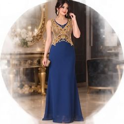پیراهن مجلسی زنانه ، سورمه ای با گیپور طلایی ، لباس شب شیک و لاکچری، سایز 40 تا 42