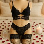 ست لباس زیر زنانه دو تیکه کاپ‌دار گیپوری – مشکی و قرمز | کد 8018