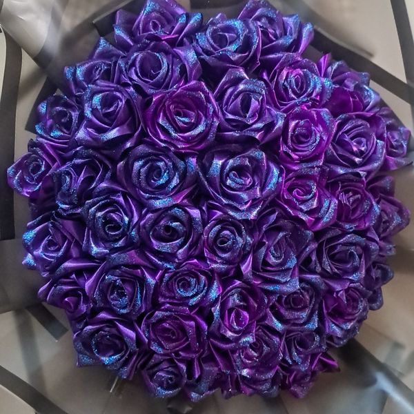دسته گل رز روبانی 50 شاخه متنوع شایندار و بدون شاین، رنگ بندی