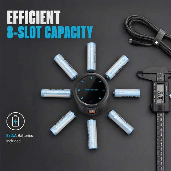 شارژر هوشمند و باکس نگهداری باتری پاورولوژی Powerology Neon Smart Battery Charging Case همراه با 8 باتری قلمی