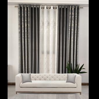 مجموعه 5 تکه پرده آماده پانچی مخمل طلاکوب طوسی، مخمل کالیفرنیا طوسی و کرپ محو ابری