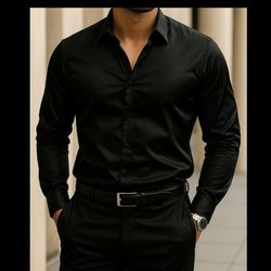 پیراهن مشکی مردانه پارچه ساتن کش پنبه اعلا