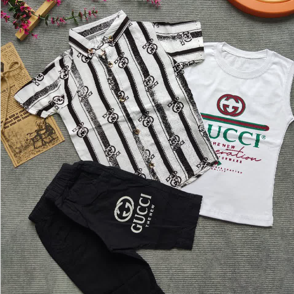 ست سه تیکه پیراهن شلوارک کتان پسرانه سایز 40 تا 55