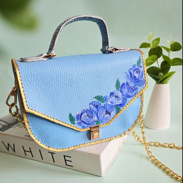 کیف دستی داخل مخمل چرم طبیعی بزی فلوتر با طرح گل یخی