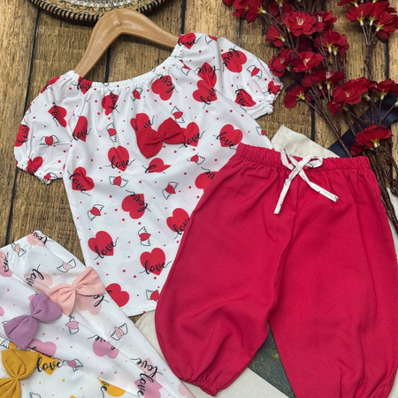 ست دو تیکه شومیز شلوارک دخترانه طرح قلب سایز 35 تا 50