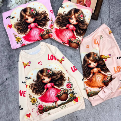 بلوز تک دخترانه طرح دخترک گلفروش آستین فینگردار سایز 45 تا 60