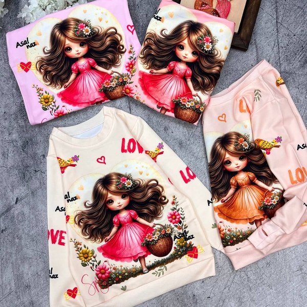 بلوز تک دخترانه طرح دخترک گلفروش آستین فینگردار سایز 45 تا 60