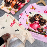 بلوز تک دخترانه طرح دخترک گلفروش آستین فینگردار سایز 45 تا 60