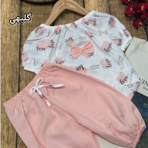 ست دو تیکه شومیز شلوارک دخترانه طرح قلب سایز 35 تا 50