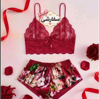 ست لباس خواب زنانه دو تکه گیپوری و ساتن گل‌دار قرمز