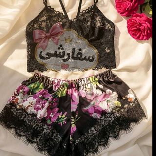 ست دوتکه تاپ بندی گیپور بهمراه شلوارک