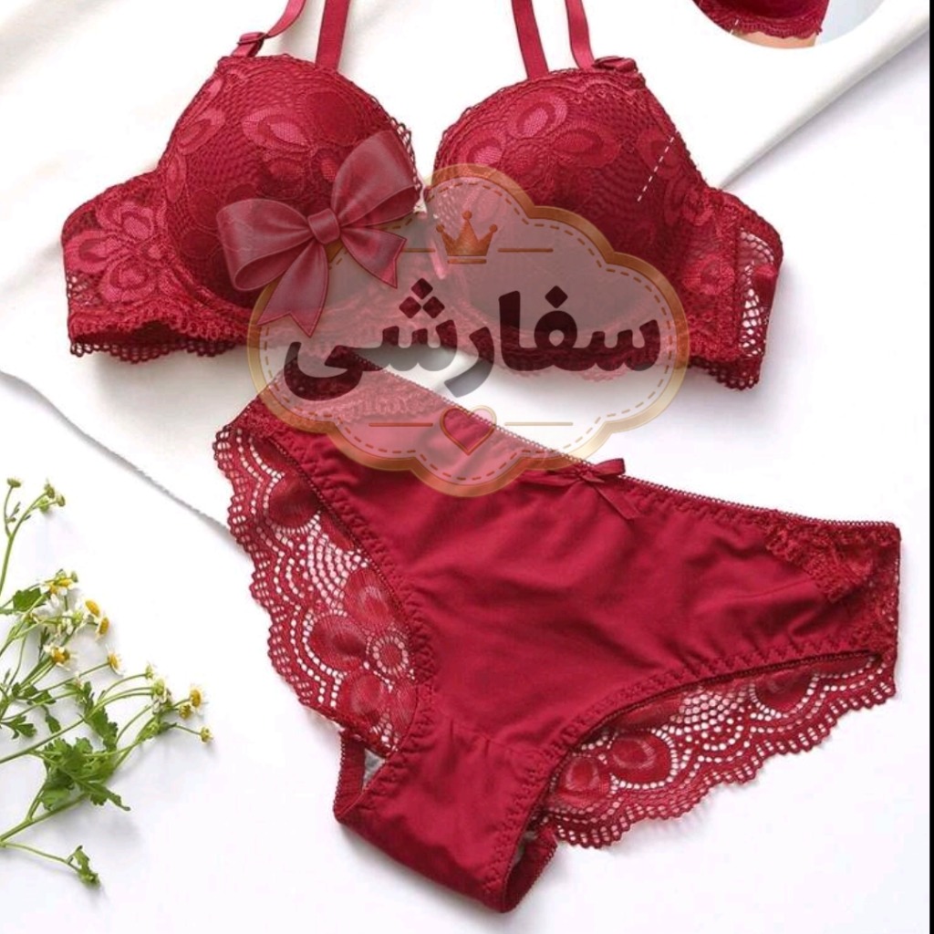 ست شورت و سوتین گیپور گل‌دار فنردار  مدل Elacene قرمز
