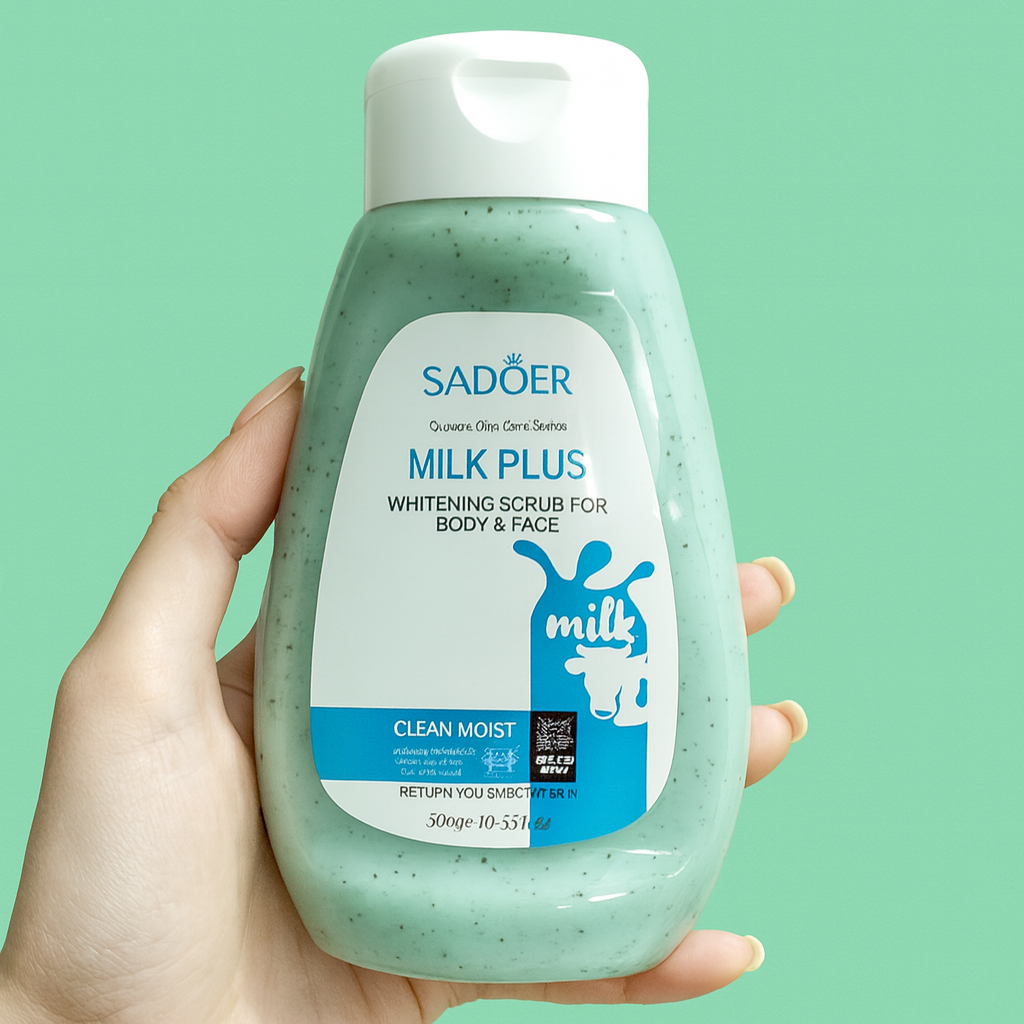 اسکراب شیر بدن و صورت SADOER Milk Plus | روشن‌کننده، لایه‌بردار و مرطوب‌کننده پوست