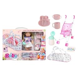 عروسک بیبی Baby با کالسکه و تشک و وسایل صدادار کد NEW256A