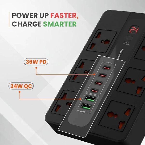 چندراهی برق و هاب شارژر هوشمند Porodo مدل Multi-Port Super Hub