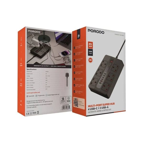 چندراهی برق و هاب شارژر هوشمند Porodo مدل Multi-Port Super Hub