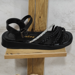 صندل زنانه سه گیس بافت نگین دار مشکی