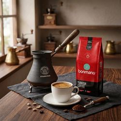 پک ویژه قهوه ترک | قهوه‌جوش Starbucks + قهوه ترک آسیاب‌شده بنمانو 250 گرم