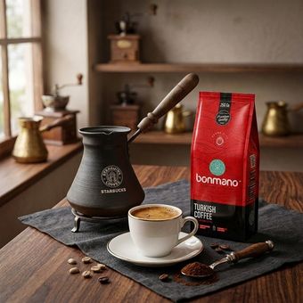 پک ویژه قهوه ترک | قهوه‌جوش Starbucks + قهوه ترک آسیاب‌شده بنمانو 250 گرم