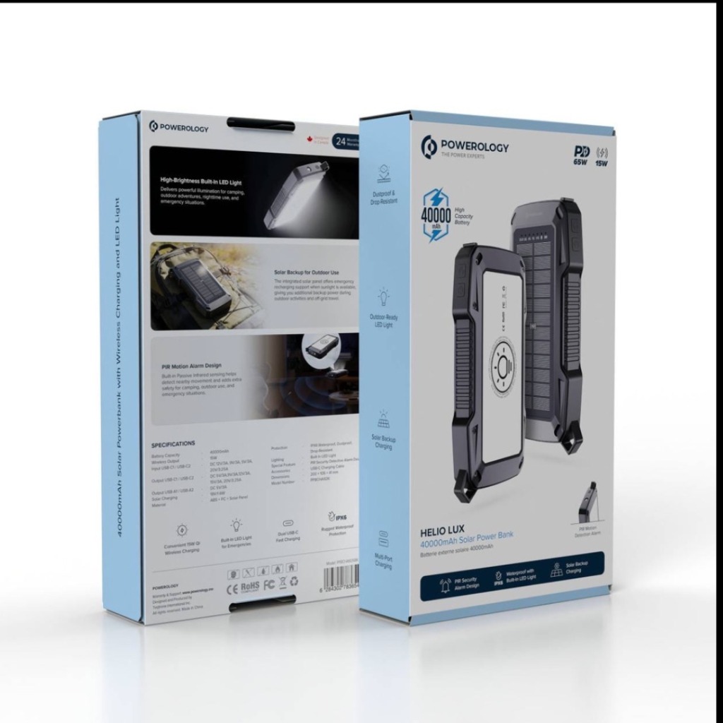 🔋 پاوربانک خورشیدی Powerology HELIO LUX ☀️ با ظرفیت بالا مدل PPBCHA926