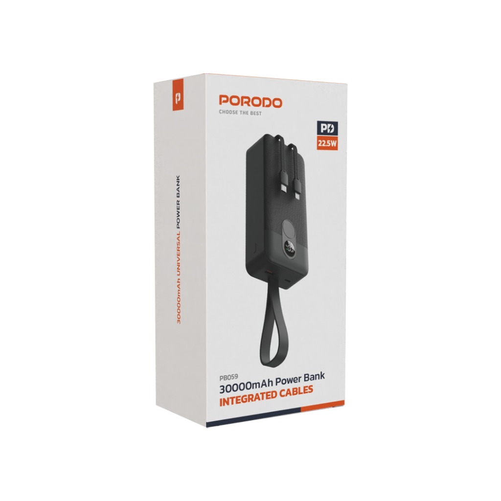 پاوربانک Porodo 30.000mAh Integrated Cable PB059 Porodo 30000mAh Power Bank with Integrated Cable
