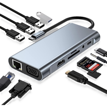 مبدل و هاب تایپ سی 11 کاره  4K HDMI, VGA, Type C PD, USB3.0, RJ45 Ethernet, SD/TF Card Reader, 3.5mm AUX