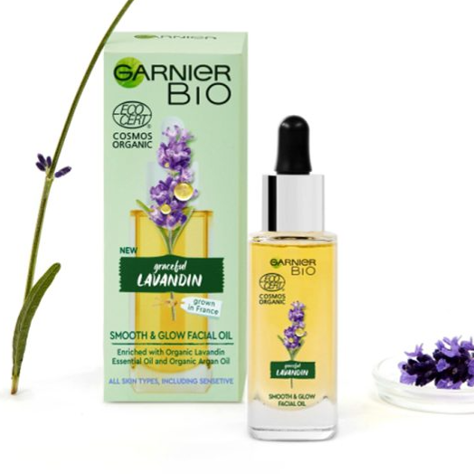 روغن ارگانیک نرم کننده صاف و درخشان کننده صورت لاوندر گارنیر Lavander Smooth & Glow Organic Conditioner Facial Oil Bio Garnier