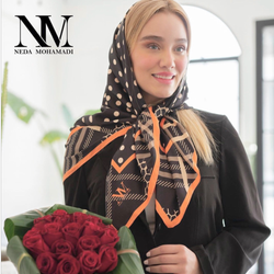 روسری ابریشم توییل مشکی نارنجی توپی و پیچازی قواره صد
