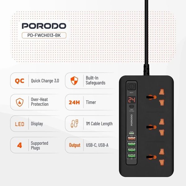 چندراهی و هاب شارژ هوشمند از برند porodo مدل سری PD_fwcho13با کابل دو متری اورجینال