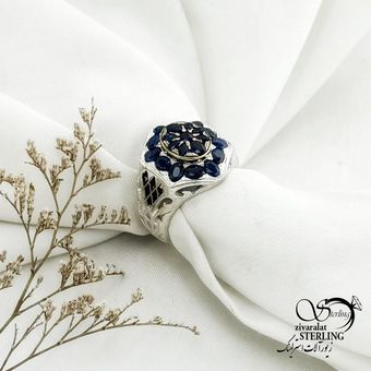 انگشتر نقره کله برنجی با یاقوت کبود کد 15112