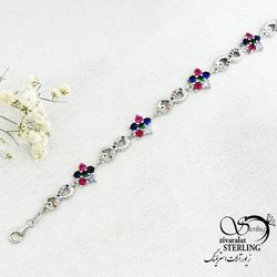 دستبند نقره گل و بینهایت نگین رنگی کد 15500