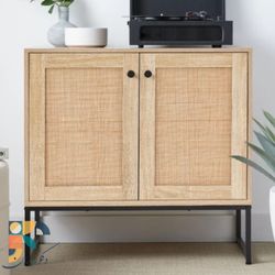 "میزکنسول مدرن  Quantum ترکیب چوب، فلز و حصیر بامبو دارای 2 قفسه و پایه‌های فلزی"