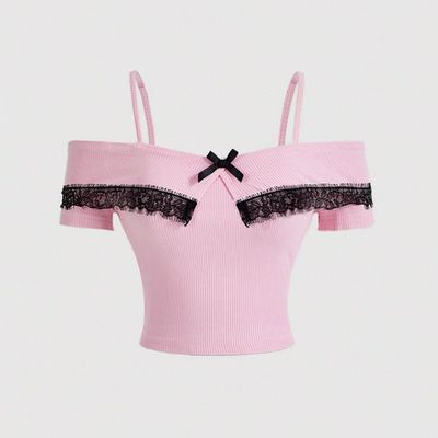 کراپ یقه قایقی گیپور دار آستین کوتاه