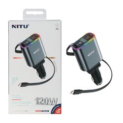 شارژر فندکی PD و فست سه پورت Nitu 120W مدل NDC42 به همراه کابل شارژ متصل Type-C - خاکستری (گارانتی 18 ماه تعویض نیکان همراه)