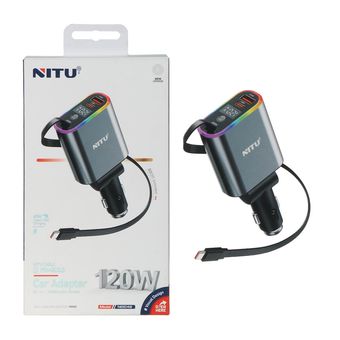 شارژر فندکی PD و فست سه پورت Nitu 120W مدل NDC42 به همراه کابل شارژ متصل Type-C - خاکستری (گارانتی 18 ماه تعویض نیکان همراه)