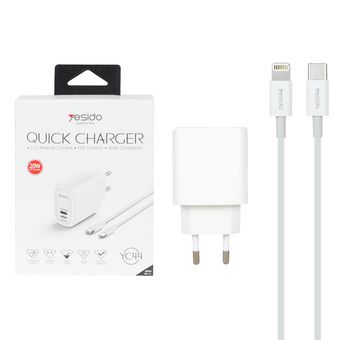 شارژر دیواری فست و PD دو پورت Yesido مدل YC44 20W به همراه کابل شارژ Type-C To Lightning - سفید