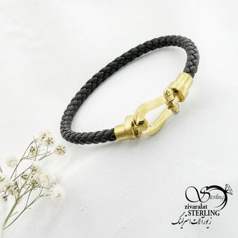 دستبند چرم قهوه ای با پلاک استیل کد 16239