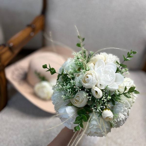 دسته گل عروس مصنوعی ترکیبی رز و پیونی فرمالیته و عروسی