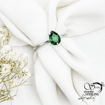 انگشتر نقره اشکی سبز (طرح زمرد) کد 17317