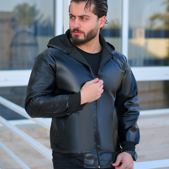 کاپشن چرم مردانه کلاهدار مدل vinas