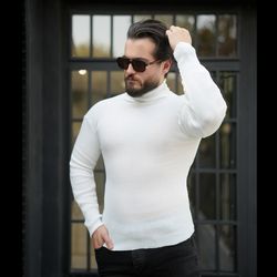 بافت مردانه یقه اسکی کشی (سفید)کد 6428