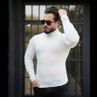 بافت مردانه یقه اسکی کشی (سفید)کد 6428